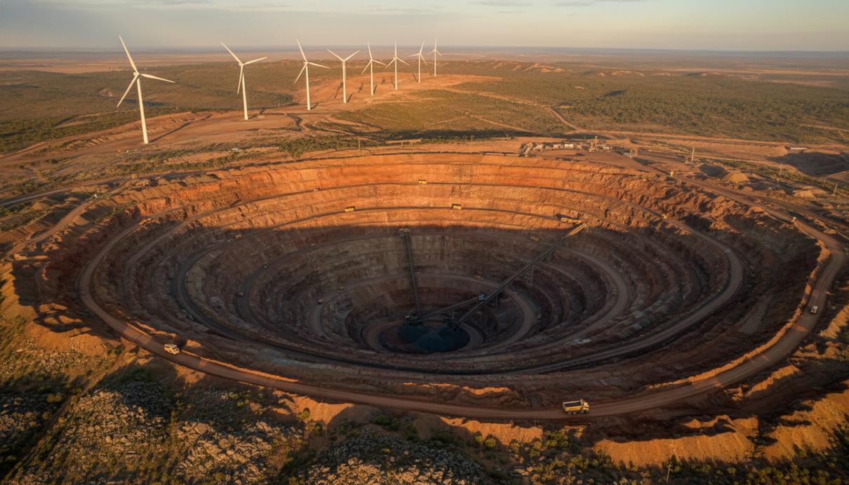 Воздушный вид на огромный карьер по добыче железной руды с красно-коричневыми террасами на закате, на горизонте видны ветряные турбины.