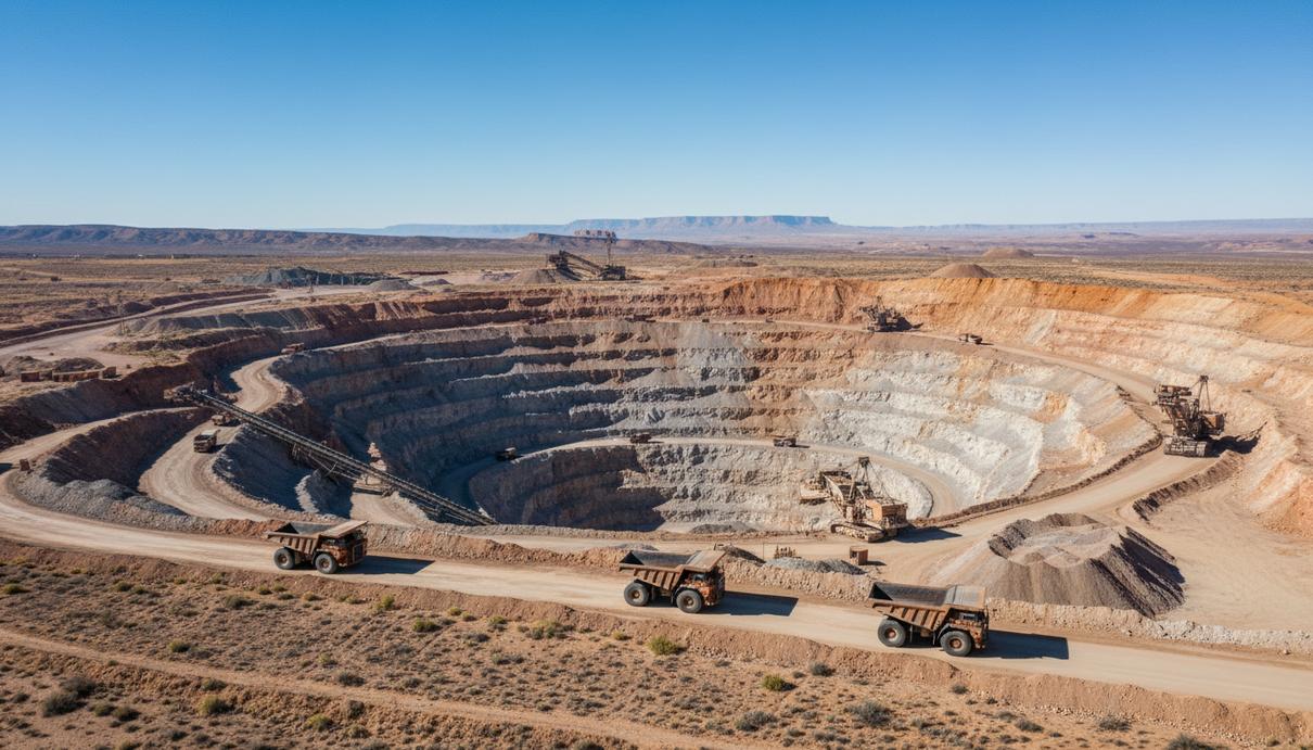 Огромный карьер по добыче урановой руды с промышленной техникой под открытым небом, вид с высоты.