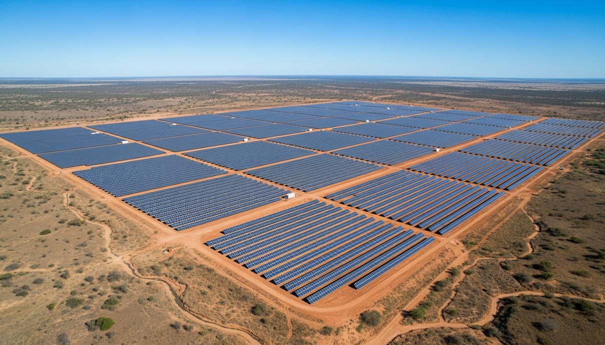 Воздушный вид на огромную солнечную электростанцию с рядами фотоэлектрических панелей в засушливом ландшафте Бразилии.