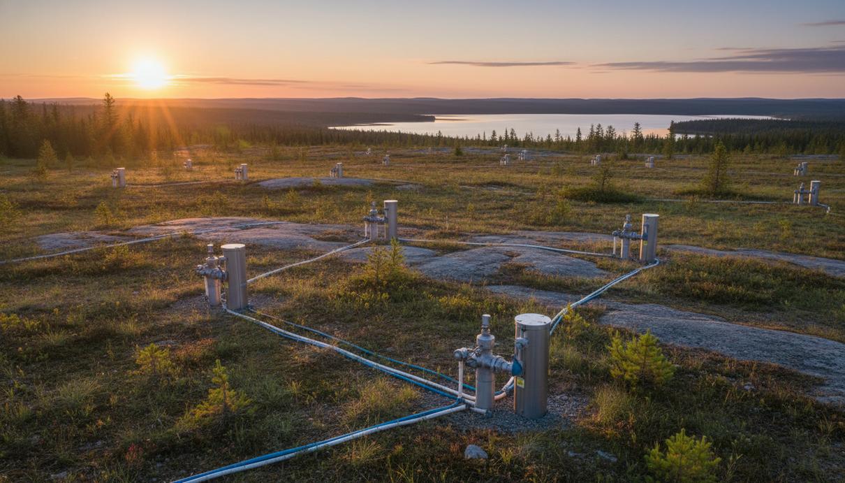 Современное оборудование для добычи урана методом подземного выщелачивания на фоне канадского пейзажа в Саскачеване.