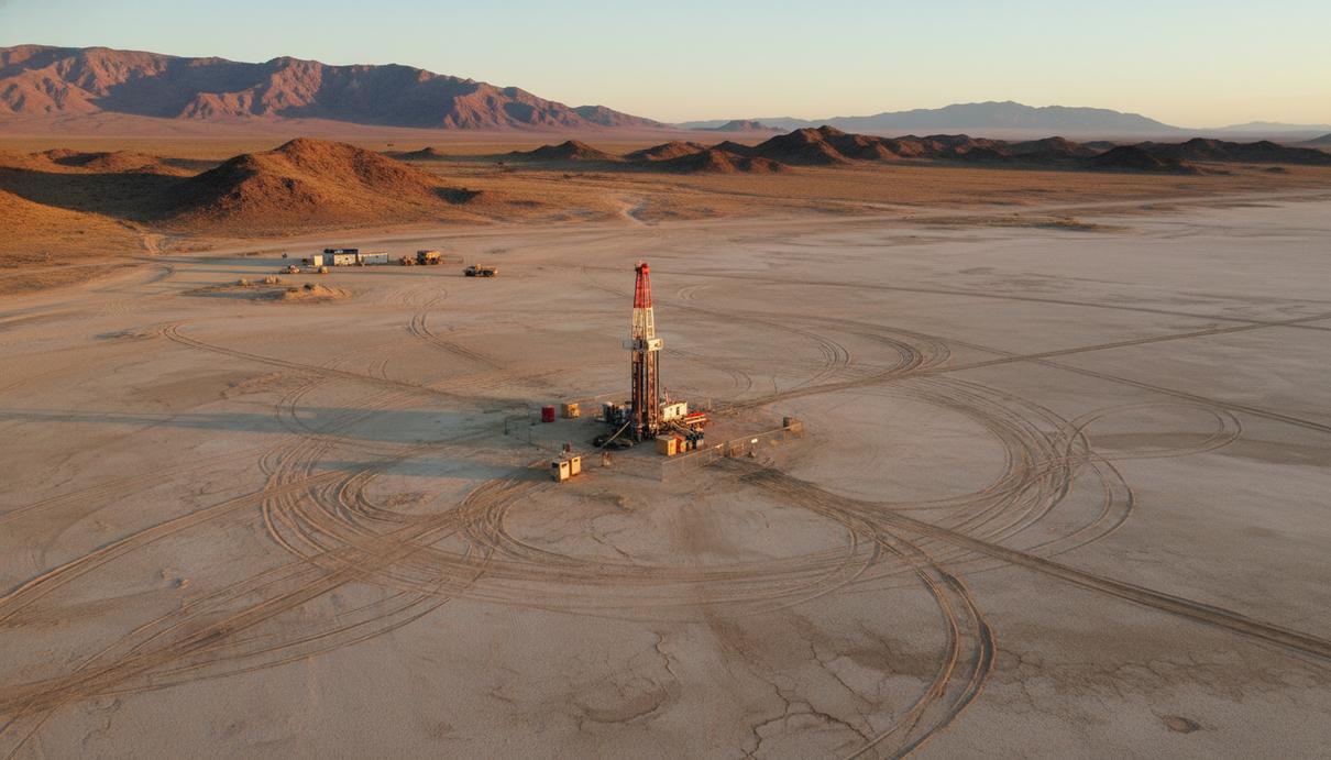 Участок разведки месторождения лития в пустыне Невады, вид с воздуха на буровую установку на фоне глинистых равнин.