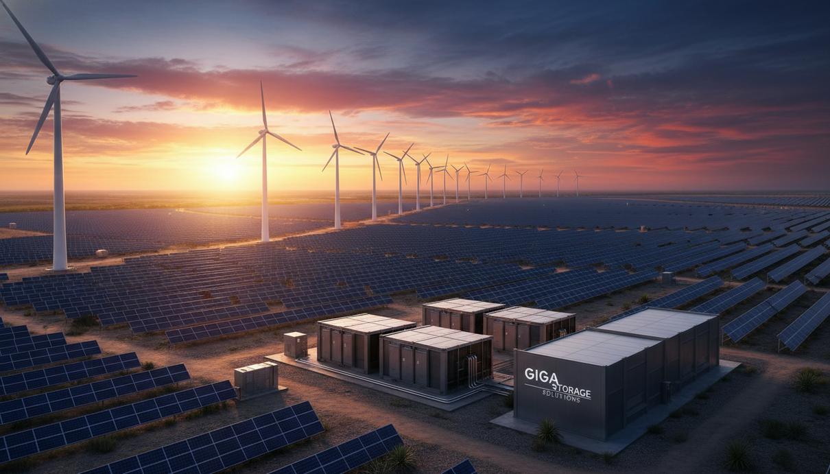 Бескрайнее поле солнечных панелей и ряд ветряных турбин на фоне восходящего солнца. На переднем плане – здание системы накопления энергии.