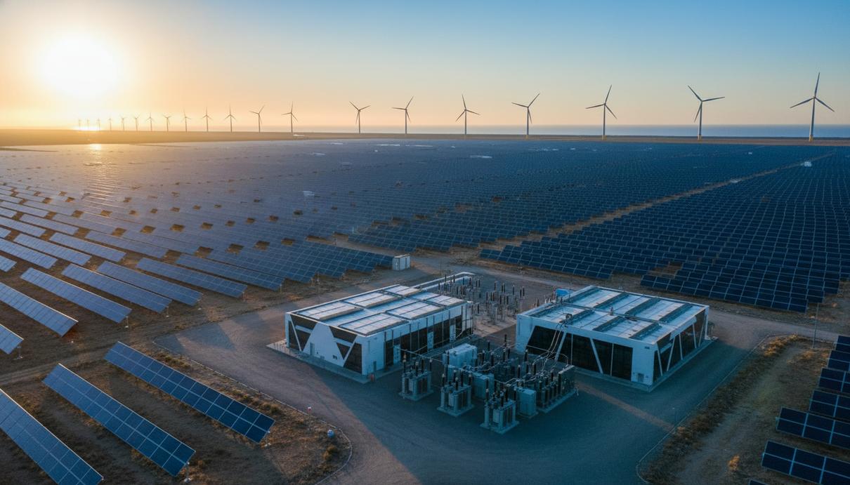 Бескрайнее поле солнечных панелей на рассвете, на горизонте виднеются морские ветряные турбины и станция хранения энергии.