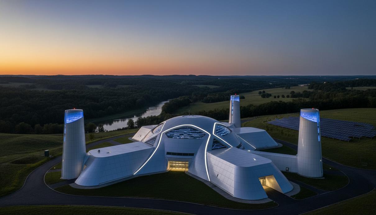 Современное здание передового ядерного реактора с подсветкой в вечернее время, расположенное среди зеленых холмов.