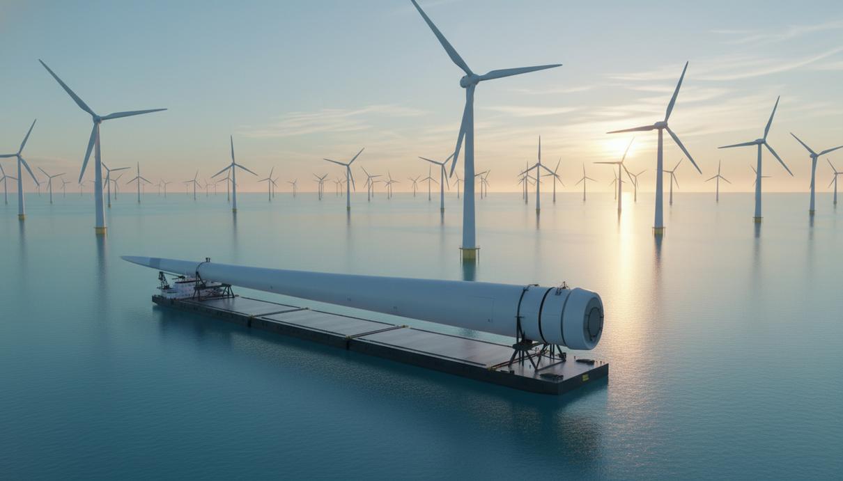 Морская ветряная электростанция с рядами турбин, уходящими за горизонт в море во время рассвета.