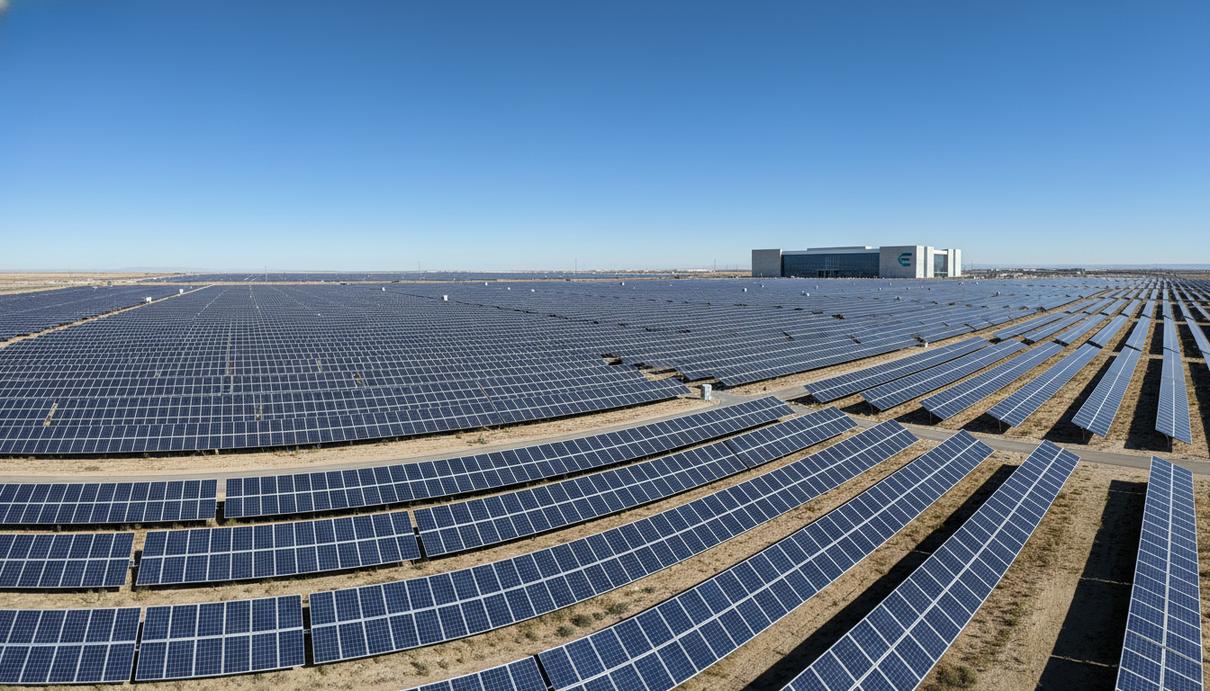 Бескрайнее поле солнечных панелей, уходящее за горизонт, и современное здание дата-центра на заднем плане.