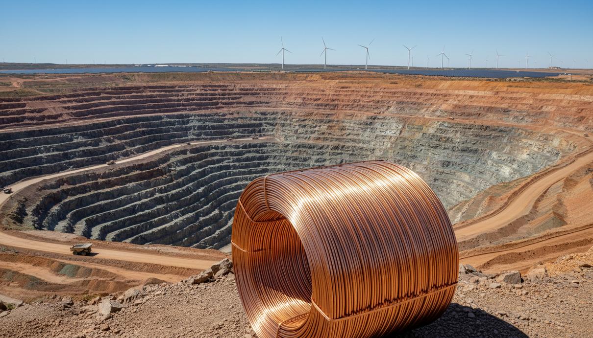 Огромный медный карьер с террасами, на переднем плане бухта блестящего медного провода, на горизонте ветряные турбины.
