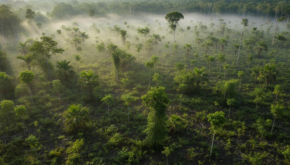 Густой молодой тропический лес в Мексике после проекта по восстановлению. Солнечные лучи пробиваются сквозь листву деревьев.