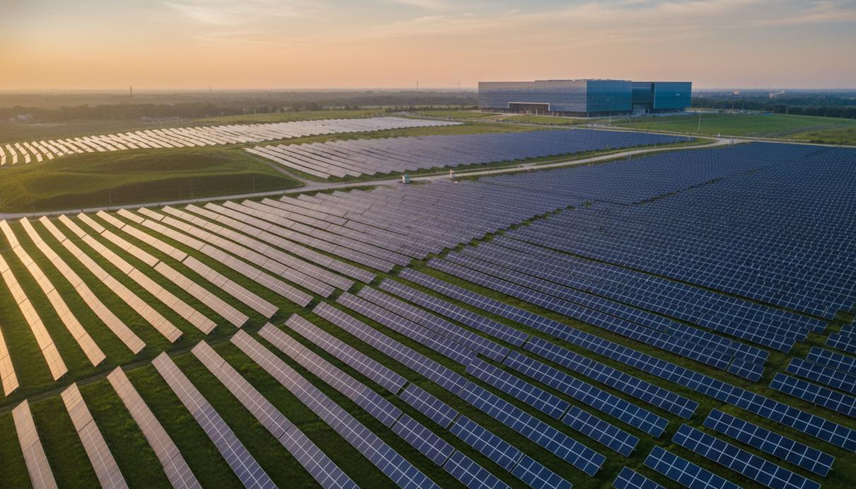 Огромная солнечная электростанция с рядами панелей на фоне холмистого пейзажа и современного здания дата-центра на горизонте.