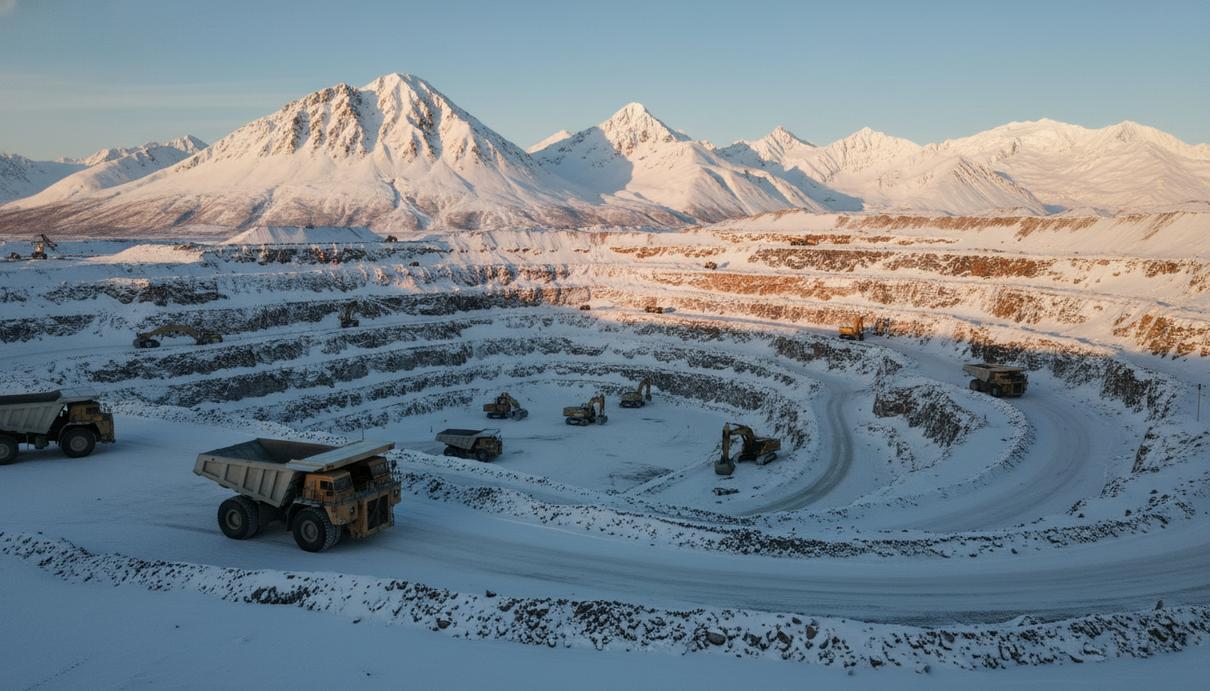 Большой карьер для добычи никеля на фоне заснеженных гор Аляски. В карьере видна крупная горнодобывающая техника.