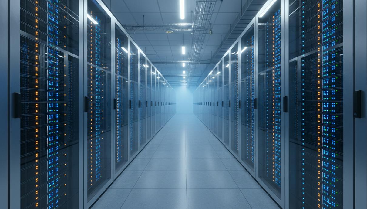 Бесконечные ряды работающих серверных стоек со светящимися индикаторами в большом, современном центре обработки данных.