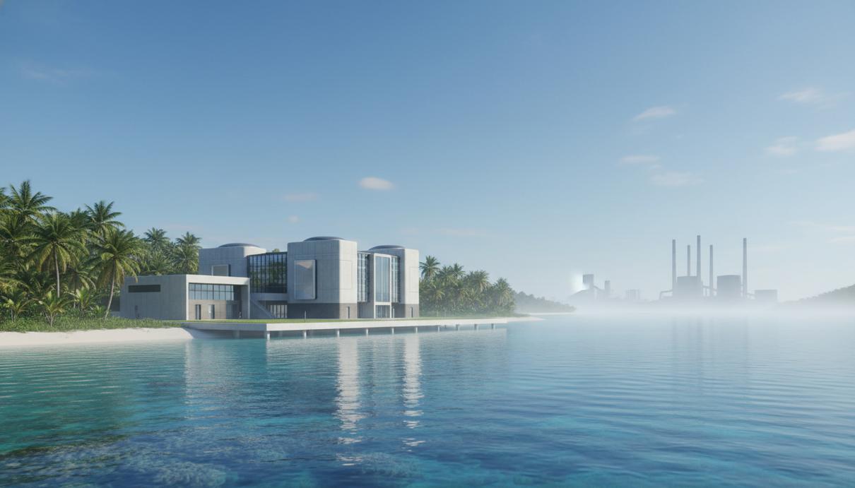Современная атомная станция с малым модульным реактором на берегу тропического моря. На заднем плане видны промышленные объекты.