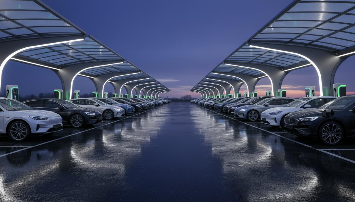 Большая современная станция зарядки для электромобилей в сумерках. Множество электрокаров разных марок подключены к зарядным устройствам.