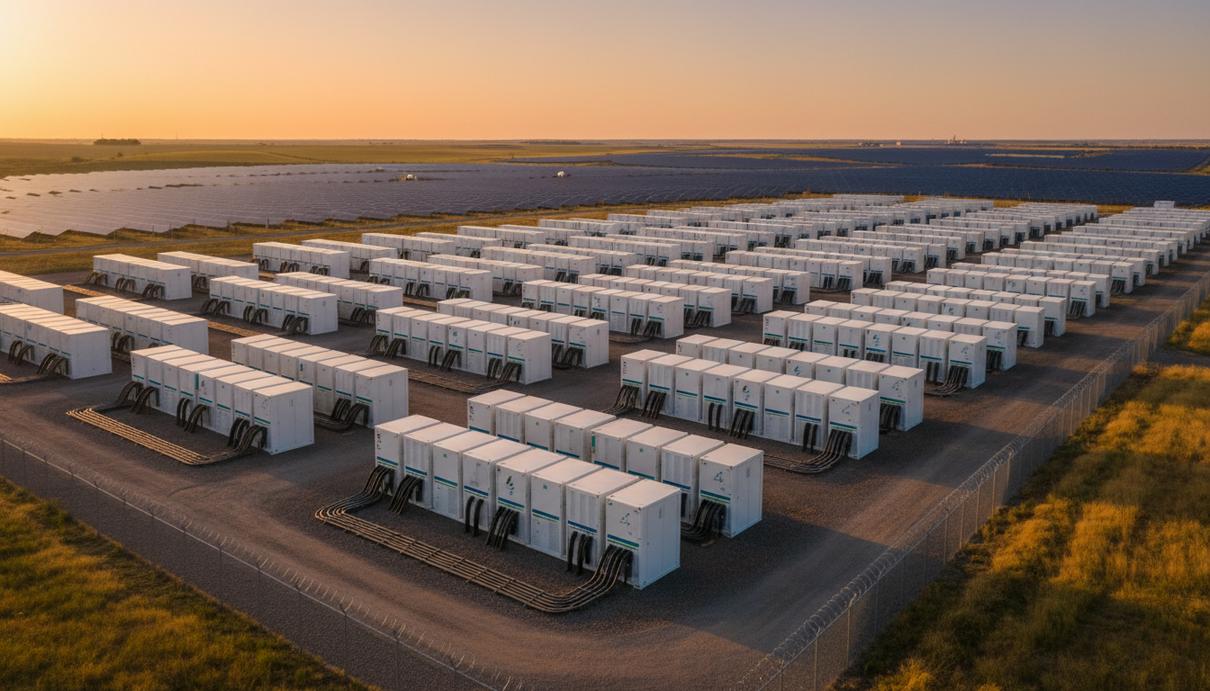 Промышленная система хранения энергии в виде рядов больших аккумуляторных блоков на фоне солнечной электростанции на закате.