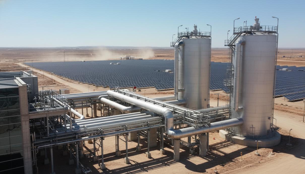 Промышленный комплекс с металлическими трубопроводами и резервуарами на фоне поля солнечных панелей под ясным небом.