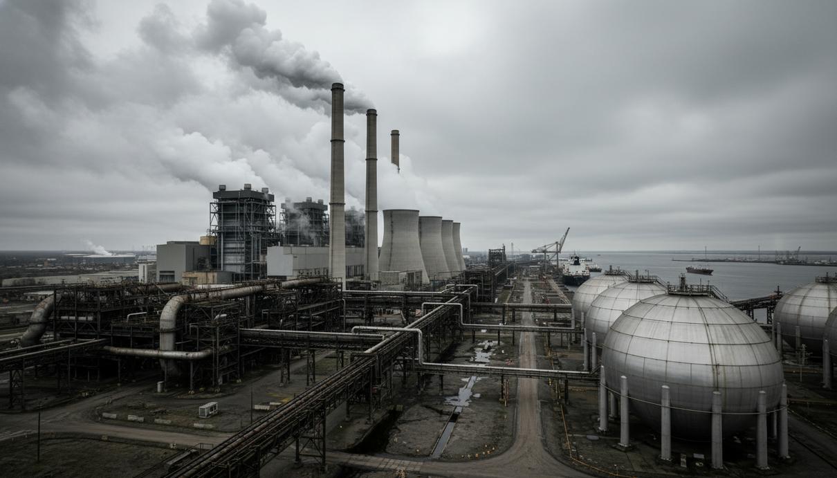 Дымящиеся трубы угольной электростанции и крупные газовые резервуары в промышленной зоне на фоне пасмурного неба.