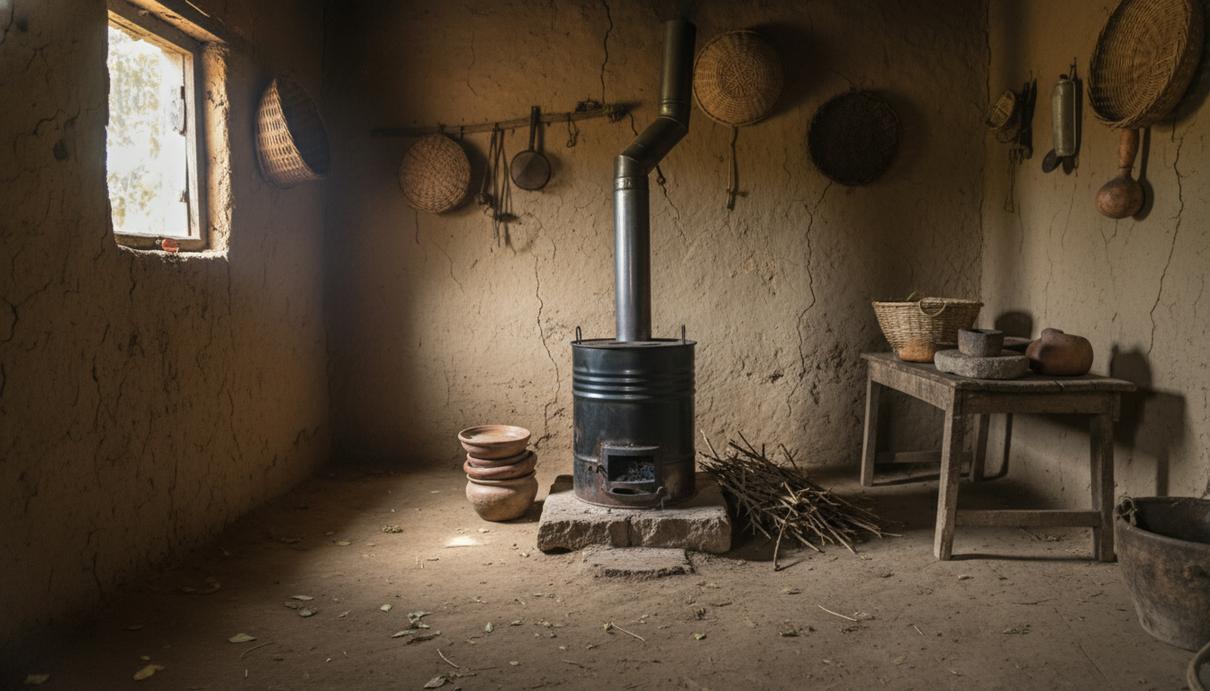 Деревенская кухня с глиняными стенами. На полу стоит современная металлическая печь для приготовления пищи.