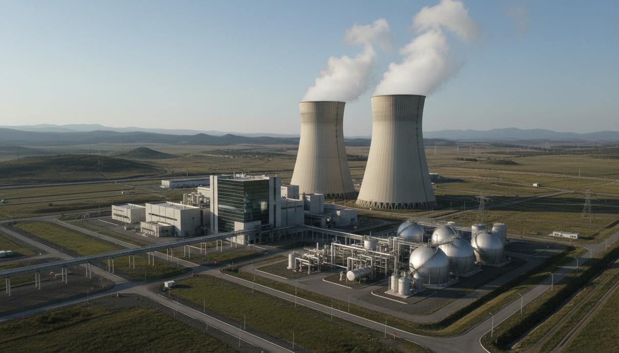 Комплекс промышленных зданий и цилиндрических резервуаров современной атомной электростанции на равнине.