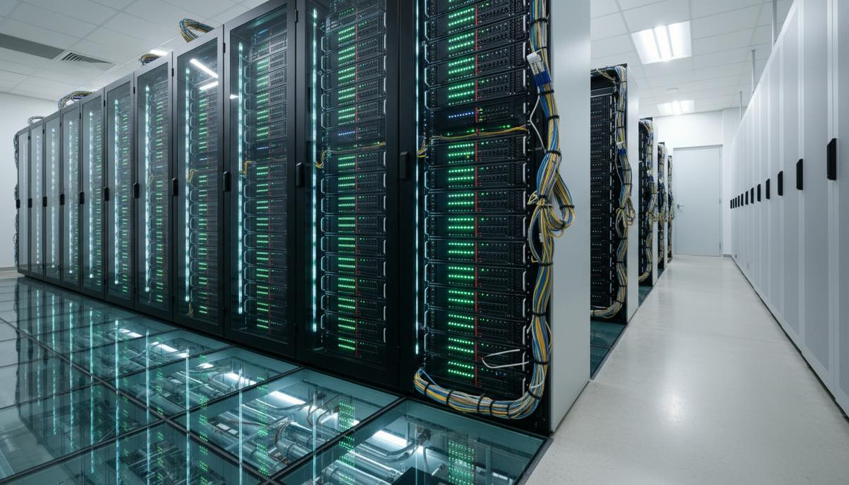 Современный серверный шкаф с зелеными и синими светодиодными индикаторами в дата-центре. Видны кабели и трубы охлаждения.