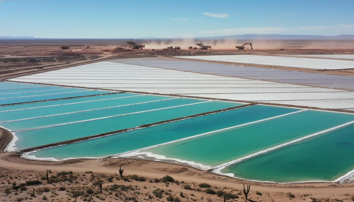 Промышленные бассейны с бирюзовой водой для добычи лития на фоне пустынного пейзажа и гор под ясным небом.