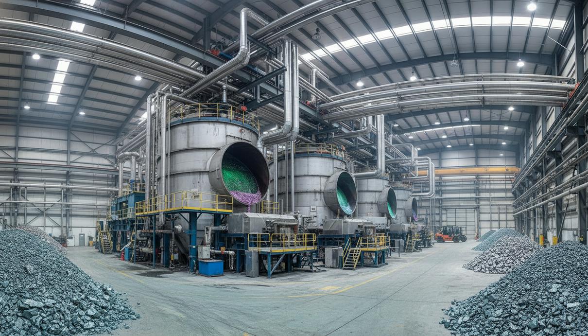Промышленный цех с металлическими резервуарами, системой трубопроводов и оборудованием для переработки минерального сырья.