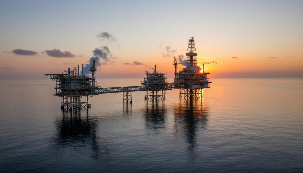 Морская нефтяная платформа и завод по переработке природного газа на фоне океана на рассвете с поднимающимся паром.