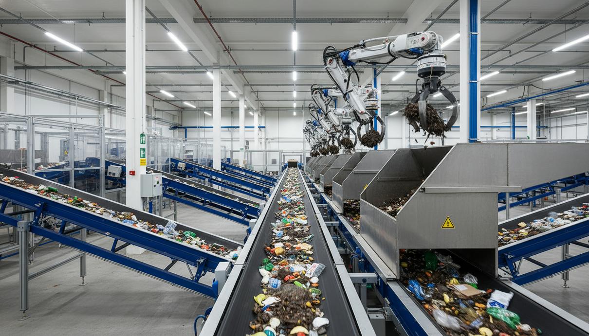 Движущаяся конвейерная лента с бытовыми отходами на заводе. Роботизированные механизмы сортируют материалы.