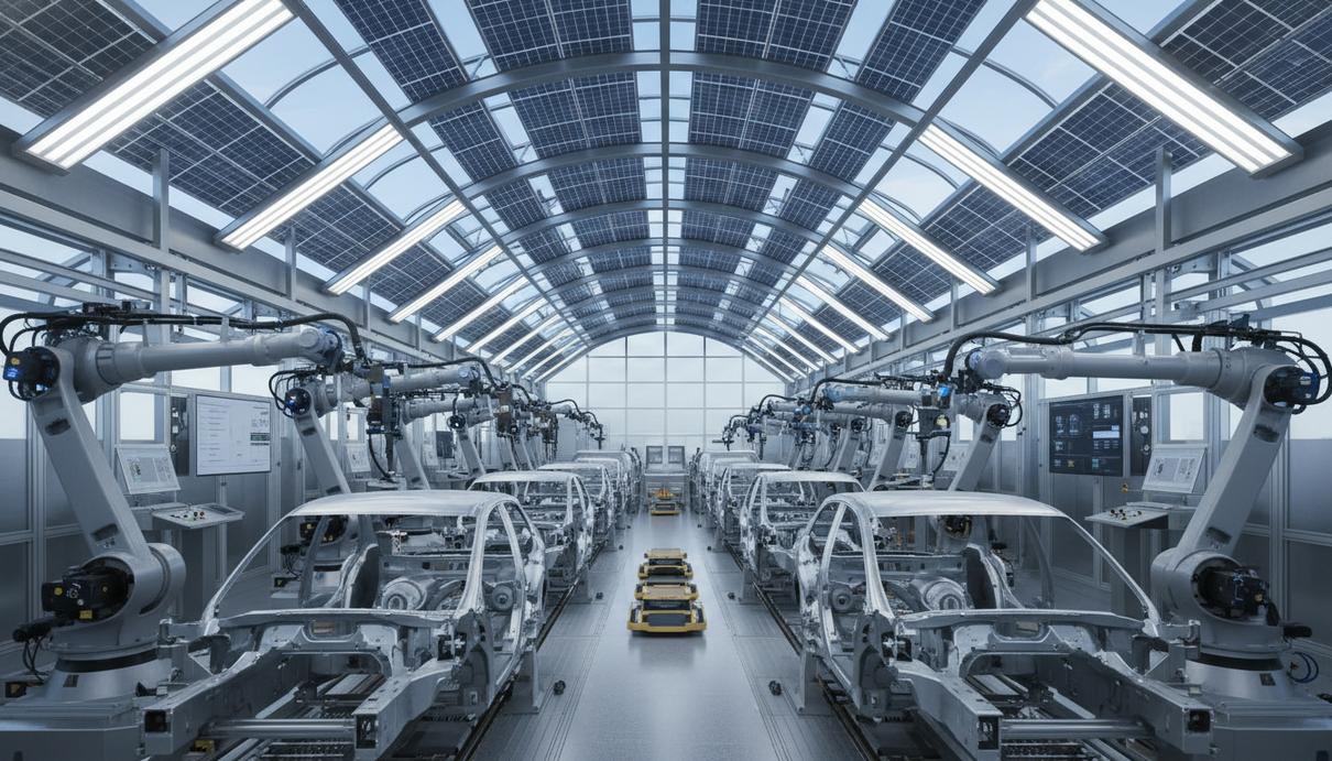Роботизированные манипуляторы на конвейере собирают шасси автомобиля в светлом заводском цехе со стеклянной крышей.