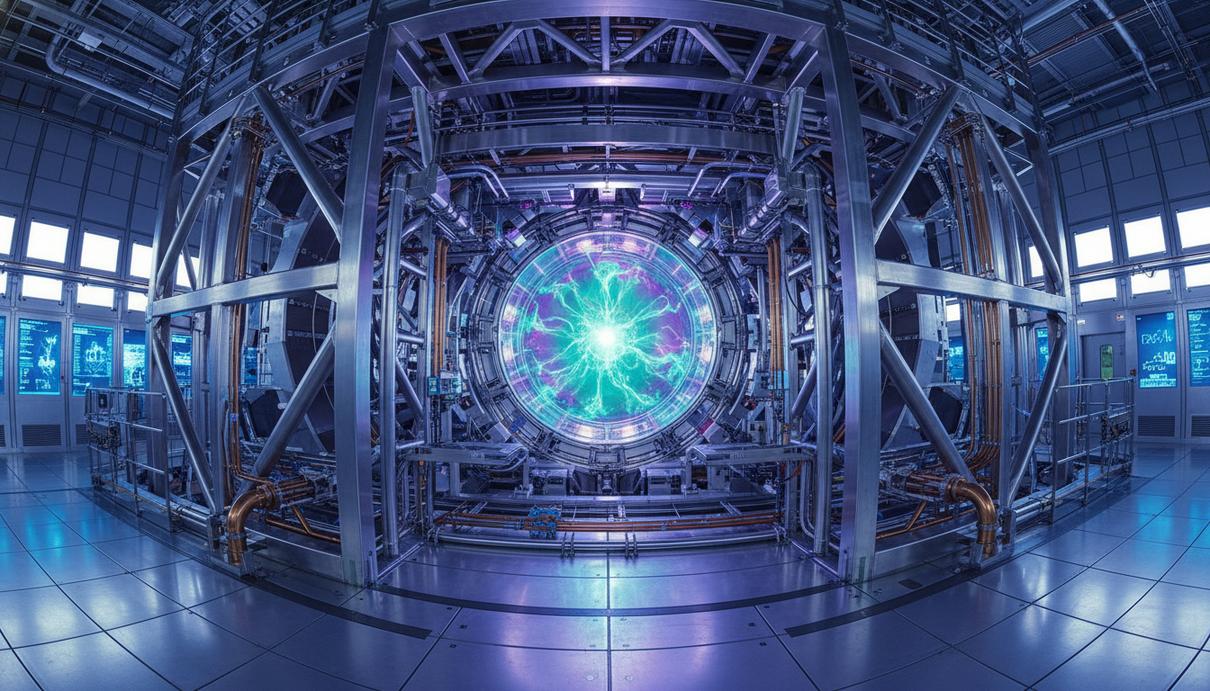 Внутреннее устройство термоядерного реактора со светящейся плазмой, промышленными металлическими конструкциями и трубами.