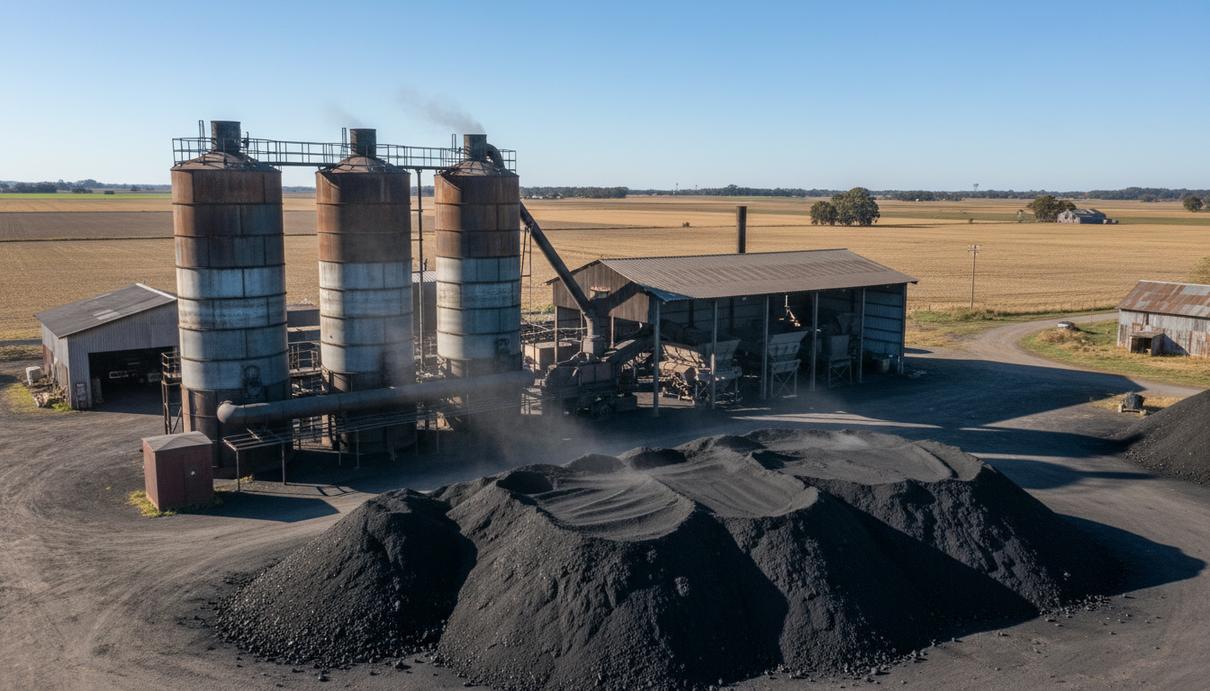 Промышленная установка с металлическими бункерами и большими кучами черного угля на фоне сельскохозяйственного поля.