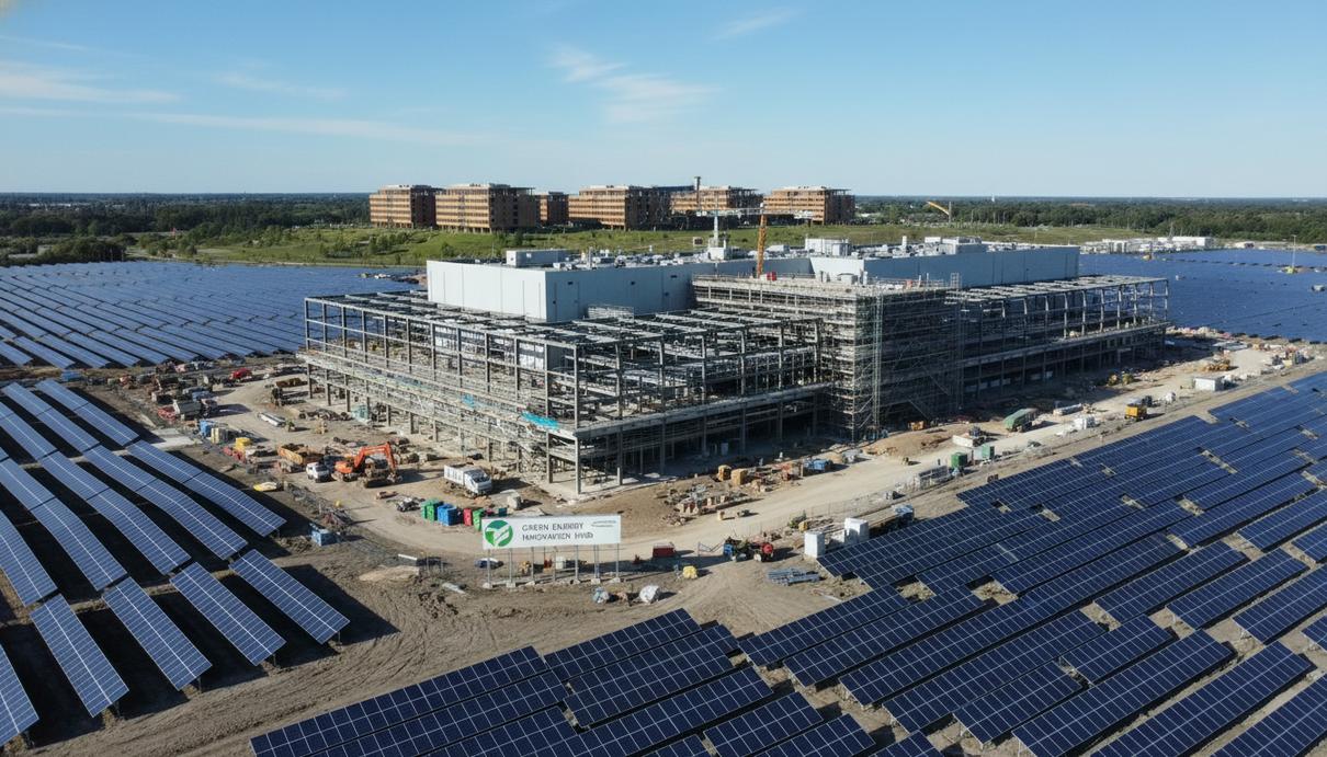 Современный строящийся промышленный комплекс, окруженный масштабным полем солнечных панелей на открытой местности