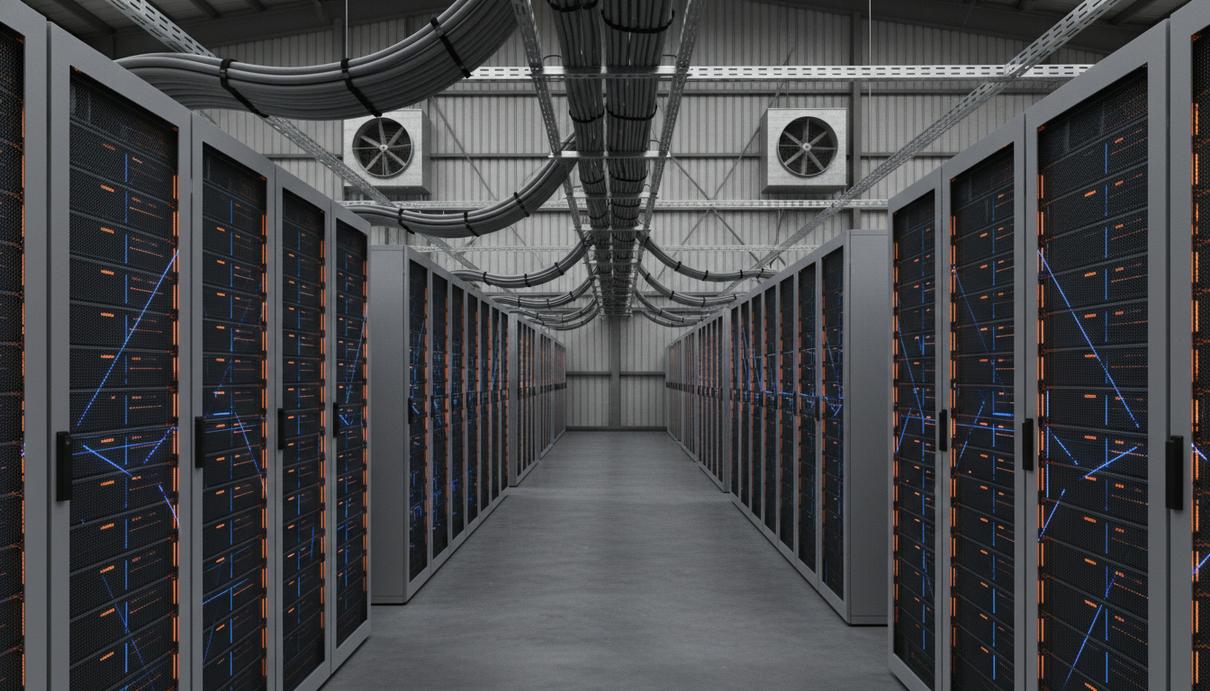 Ряды серверных стоек с горящими индикаторами и толстыми кабелями питания в пустом промышленном помещении.