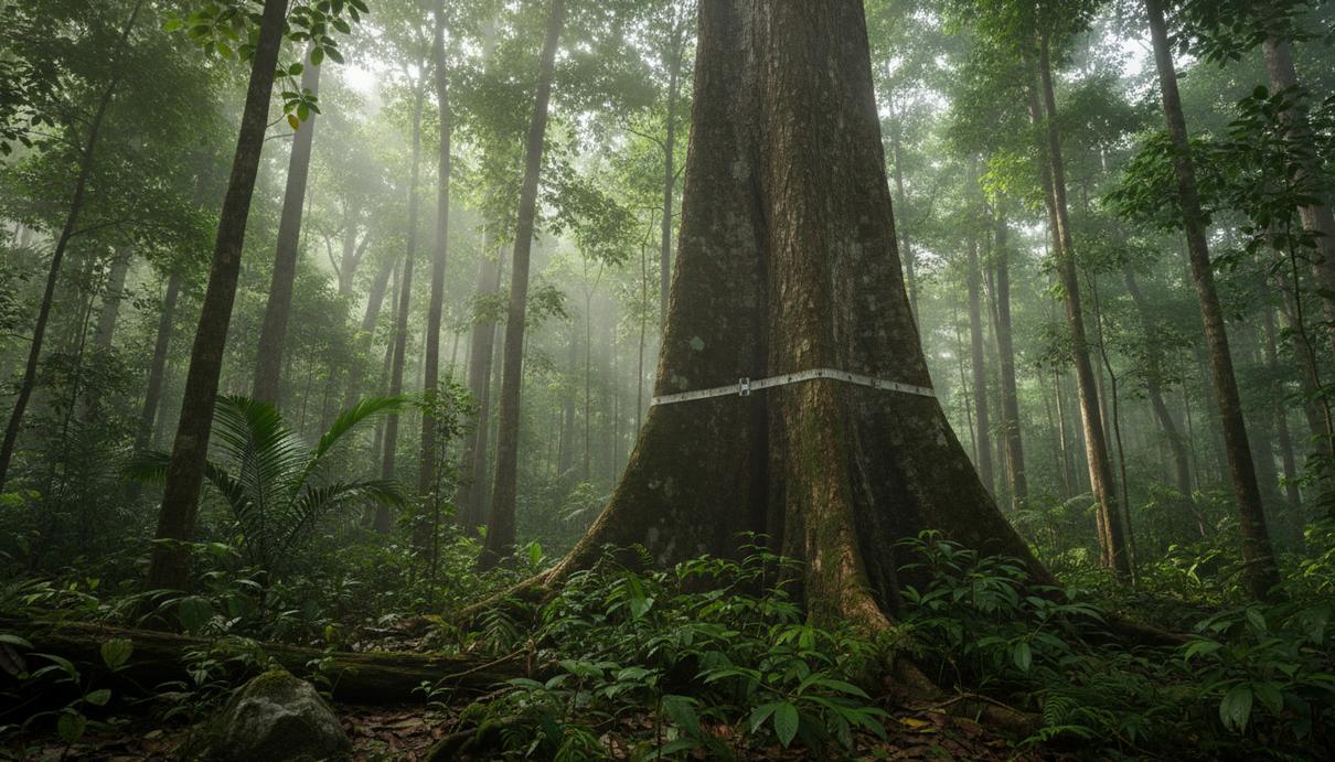 Густой тропический лес с высокими деревьями и туманом. На одном из массивных стволов закреплена измерительная лента.