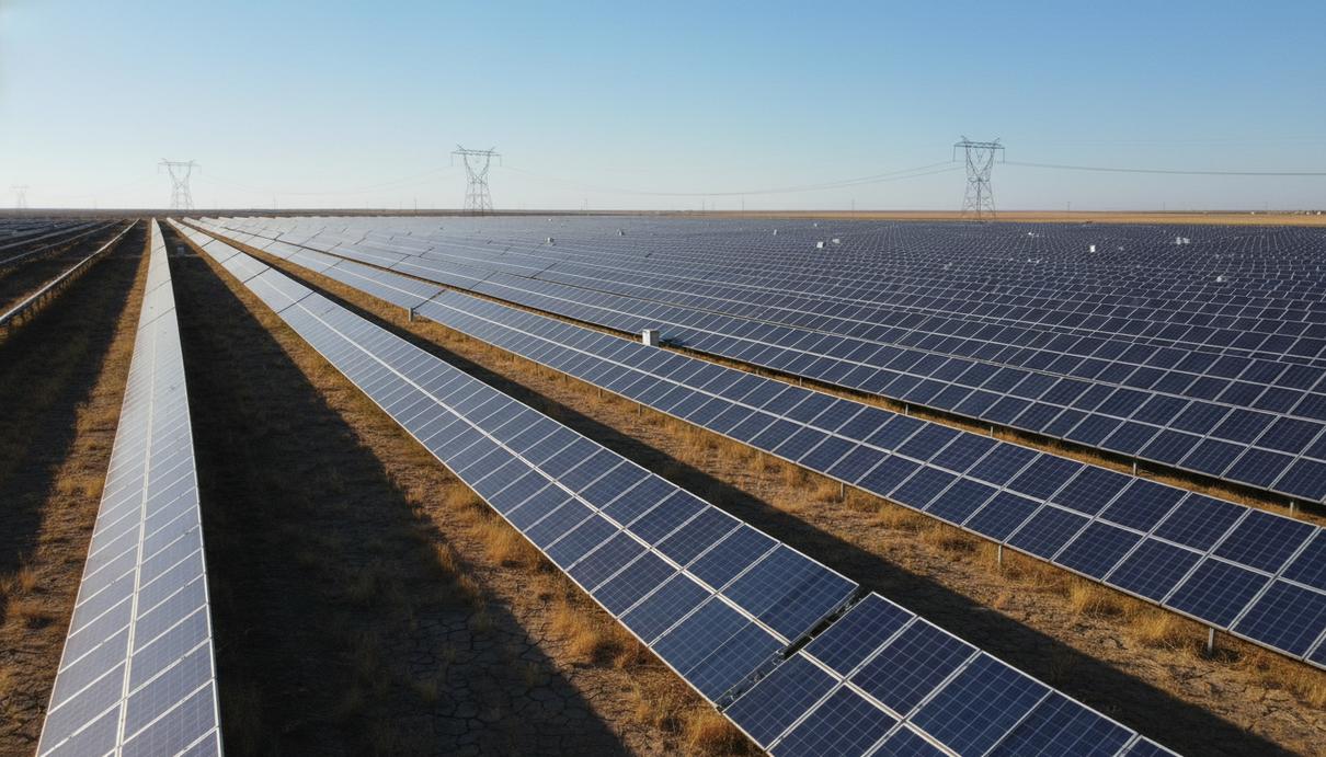Ряды темно-синих солнечных панелей на открытой равнине под ясным небом и высоковольтные линии электропередачи.