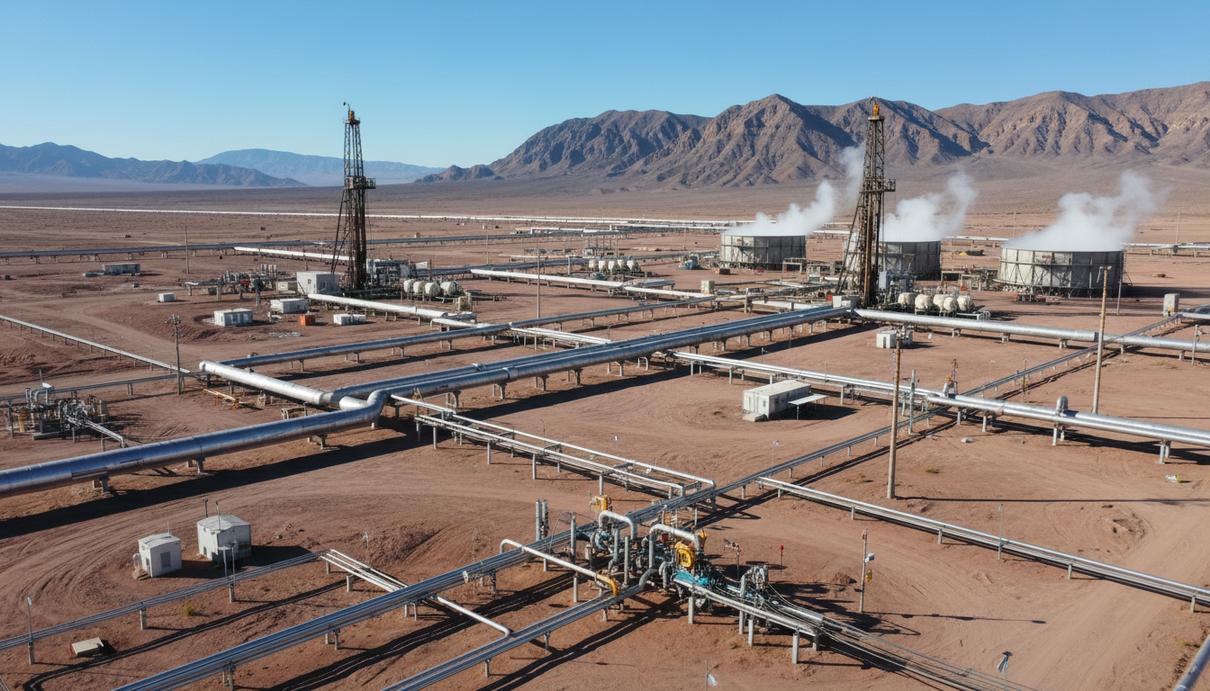 Промышленная геотермальная электростанция с металлическими трубами и буровым оборудованием на фоне пустынных гор.