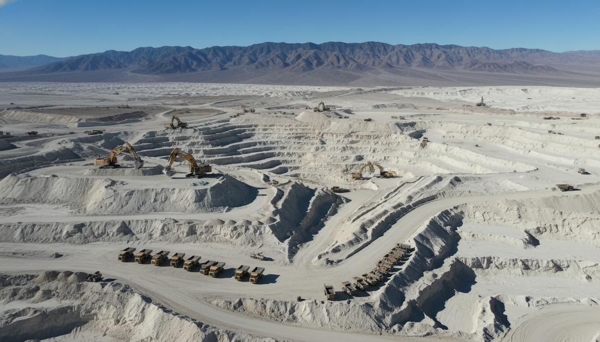 Промышленный карьер в пустыне: тяжелая техника на многоярусных террасах из белой и бежевой горной породы.