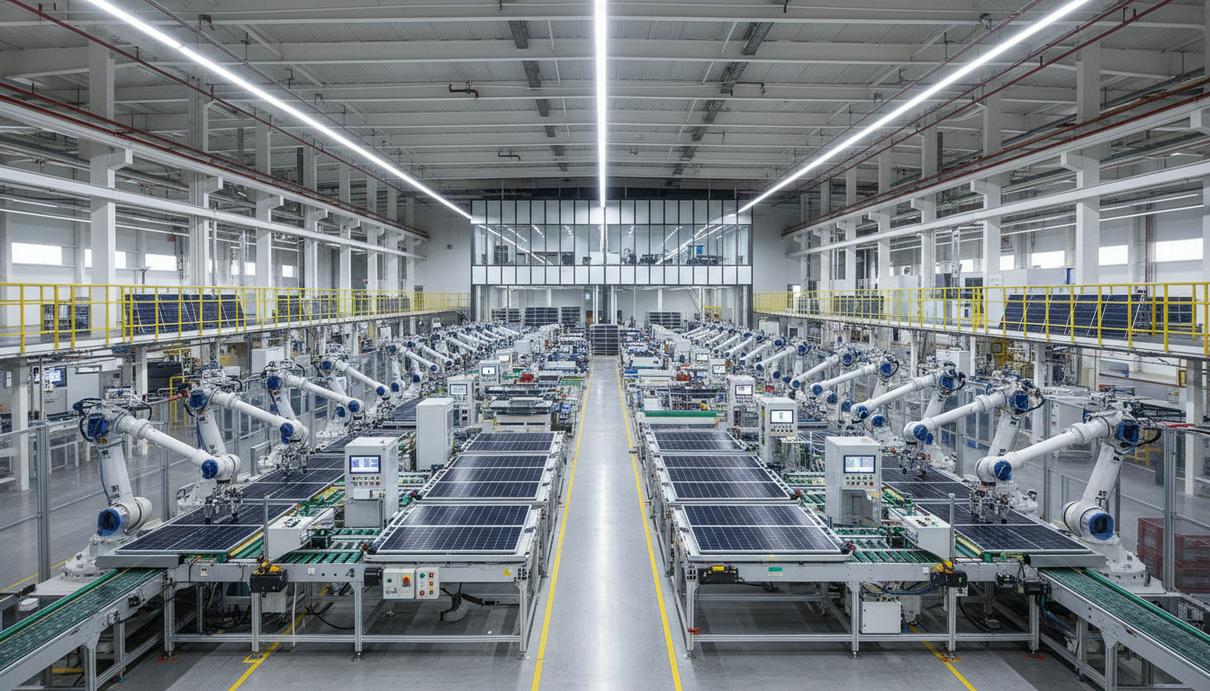 Цех завода с автоматизированной линией сборки темно-синих солнечных панелей и промышленными роботами.