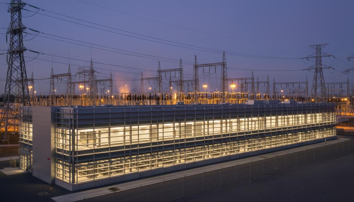 Здание современного дата-центра в сумерках на фоне высоковольтных линий электропередач и трансформаторной подстанции.