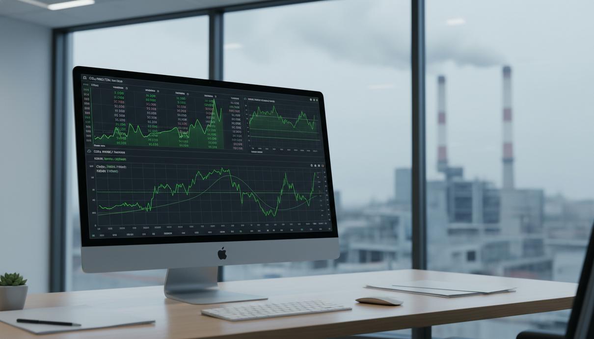 Монитор с графиками на офисном столе на фоне окна, за которым видны промышленные трубы.