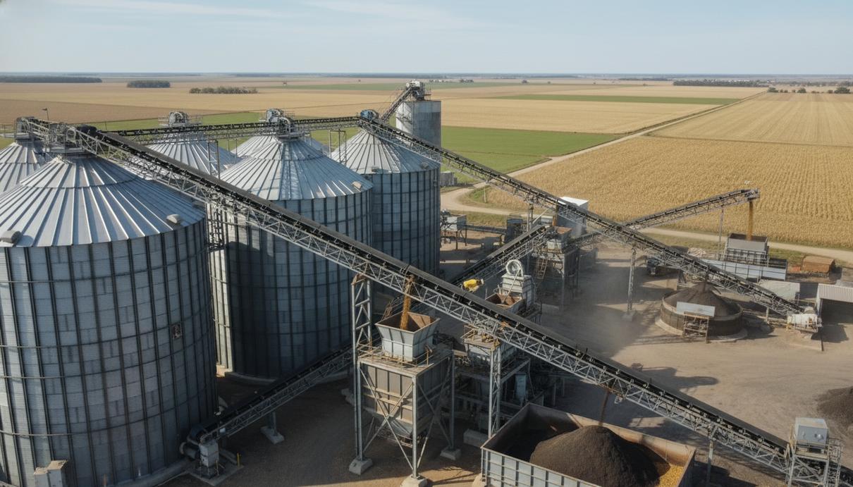 Промышленная установка с металлическими бункерами и конвейерами для переработки сельскохозяйственных отходов в поле.
