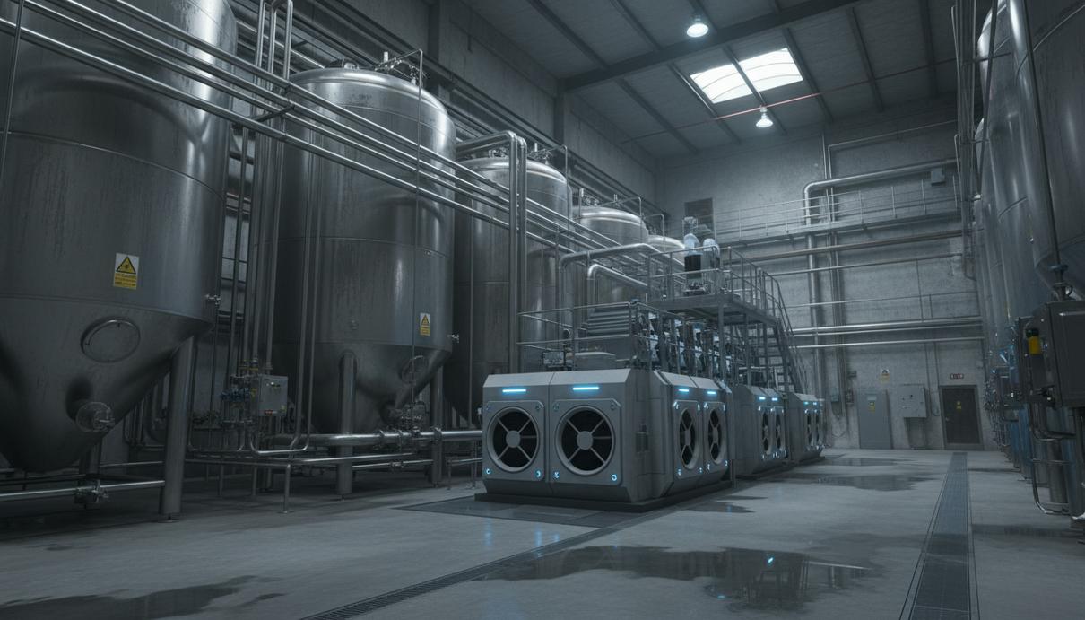 Промышленные стальные резервуары цеха пивоварения, соединенные системой труб с модульной вентиляционной установкой.