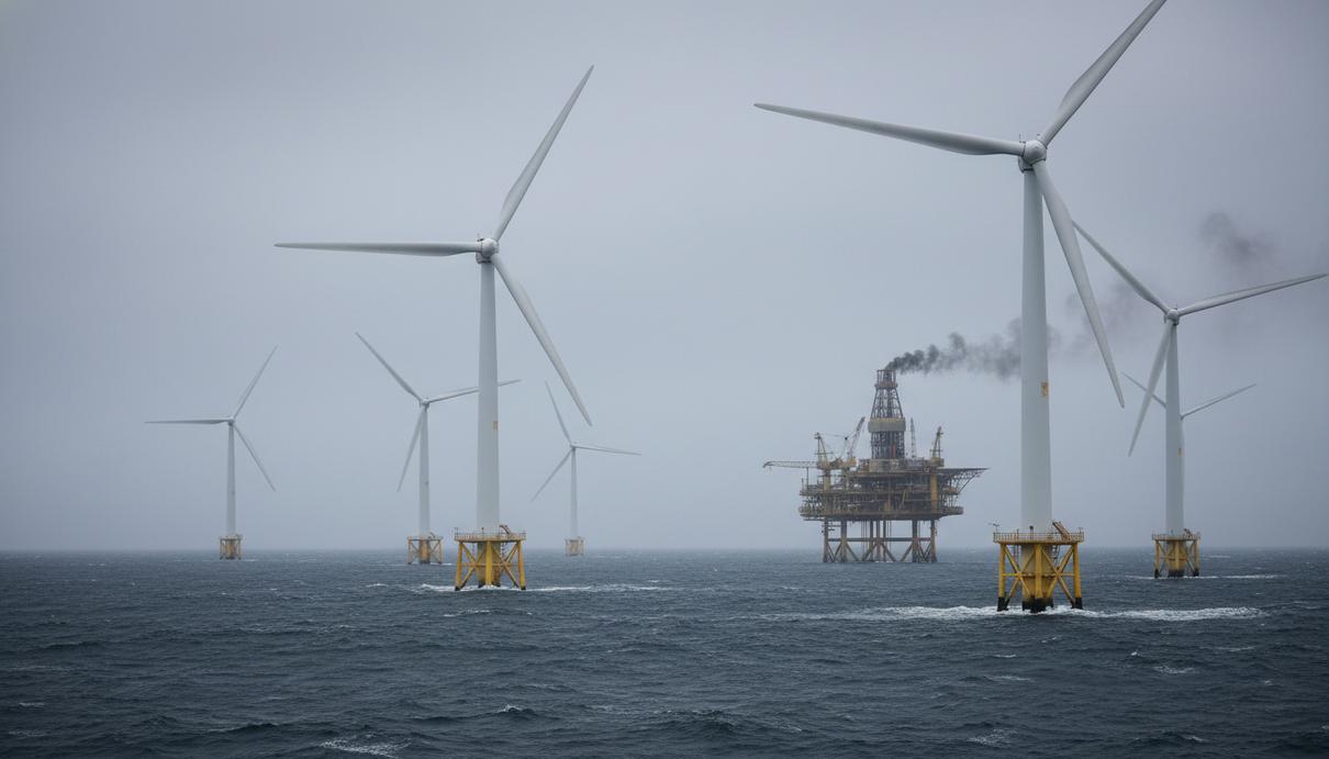 Морские ветрогенераторы в океане на фоне нефтяной буровой платформы вдали под пасмурным серым небом.