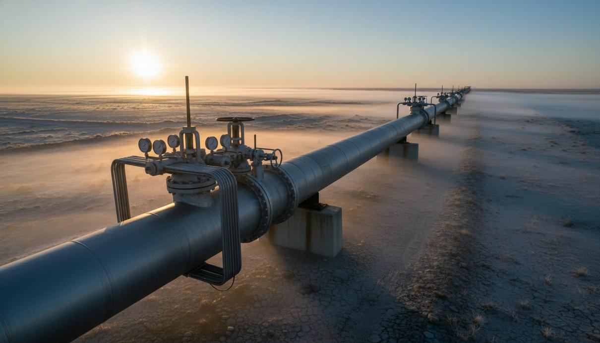 Магистральный газопровод с металлическими вентилями и измерительными приборами на фоне пустынного утреннего пейзажа.