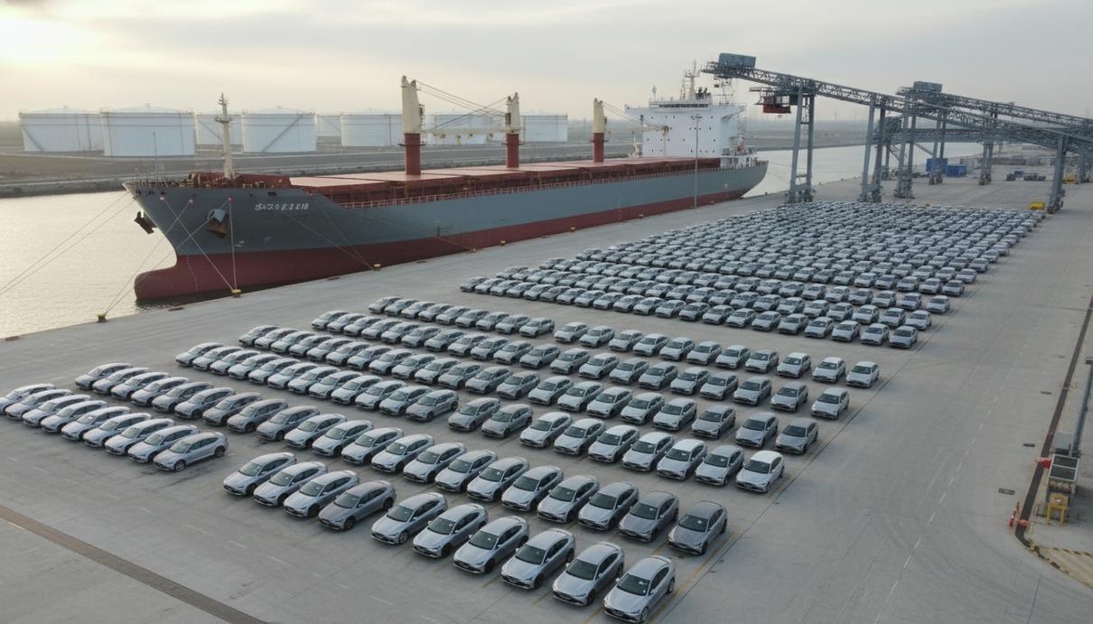 Множество новых электромобилей припаркованы ровными рядами в морском порту перед погрузкой на большое грузовое судно.