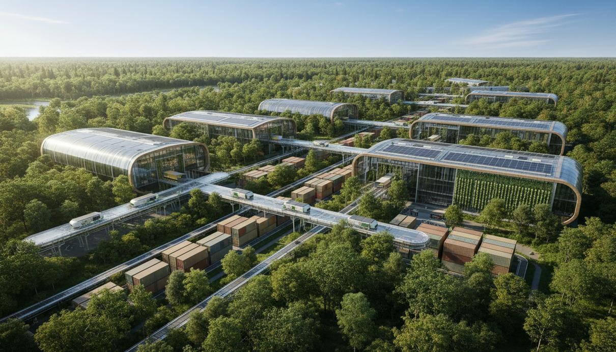 Промышленная зона с грузовыми контейнерами и транспортной инфраструктурой в окружении зеленого леса под ясным небом.