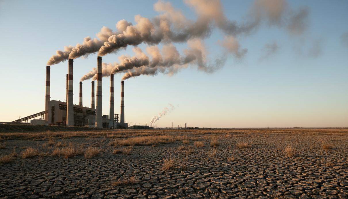 Промышленные трубы выбрасывают дым в небо на фоне сухой потрескавшейся земли.
