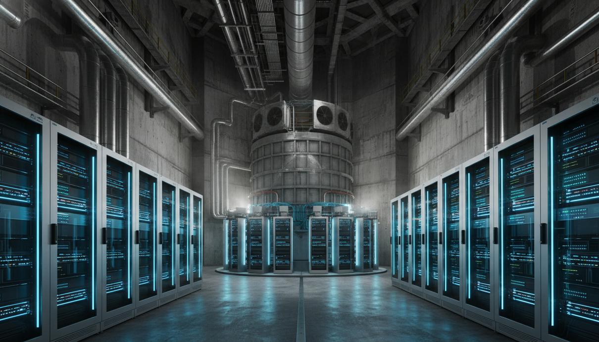 Современный серверный центр с подсвеченными стойками внутри индустриального помещения атомной электростанции.