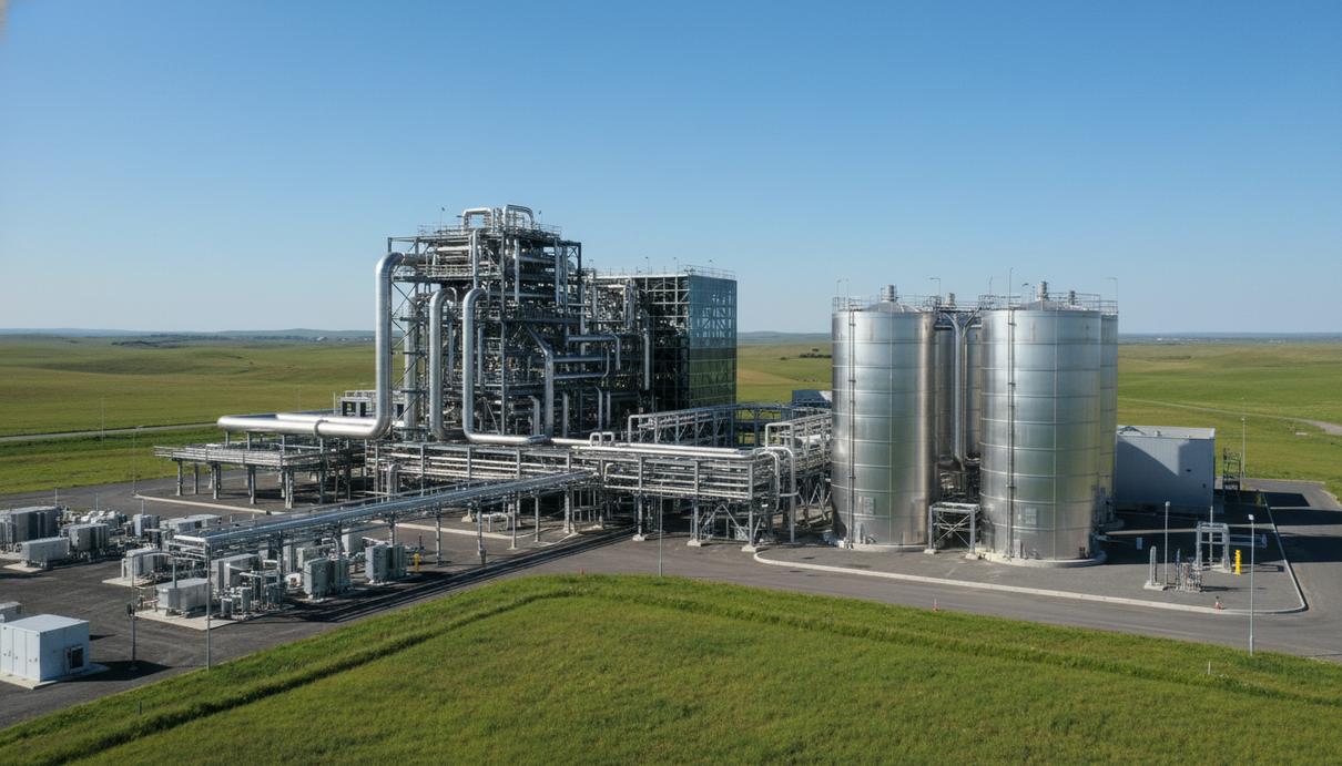 Промышленный комплекс с крупными металлическими трубами и цилиндрическими резервуарами на фоне чистого неба