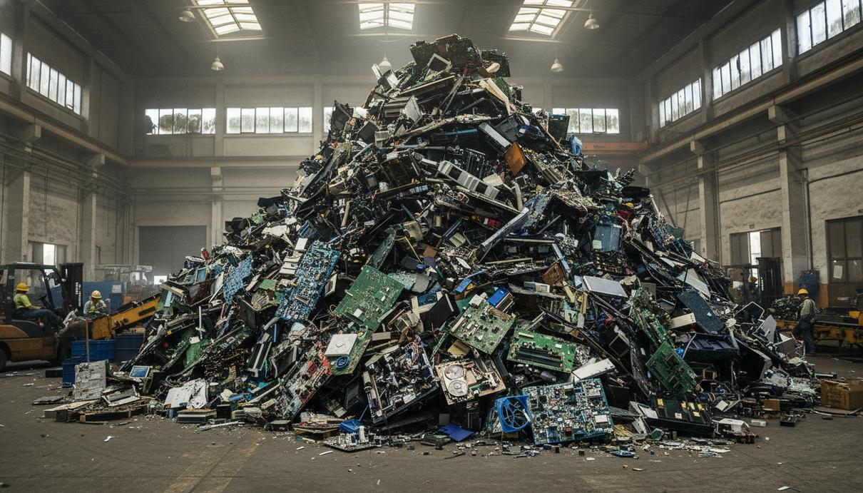 Гора старых компьютерных плат и электронного мусора на конвейерной ленте внутри промышленного завода по переработке.