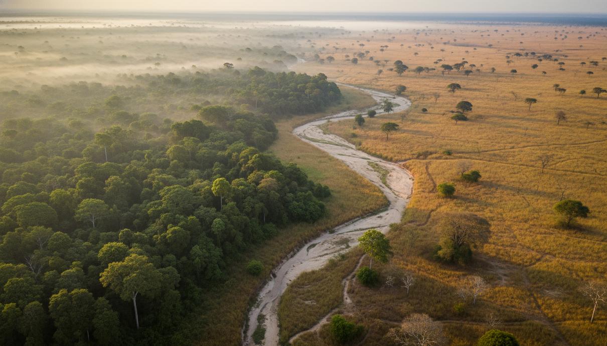 Густой тропический лес, граничащий с саванной. Над зелеными кронами деревьев стелется утренний туман.